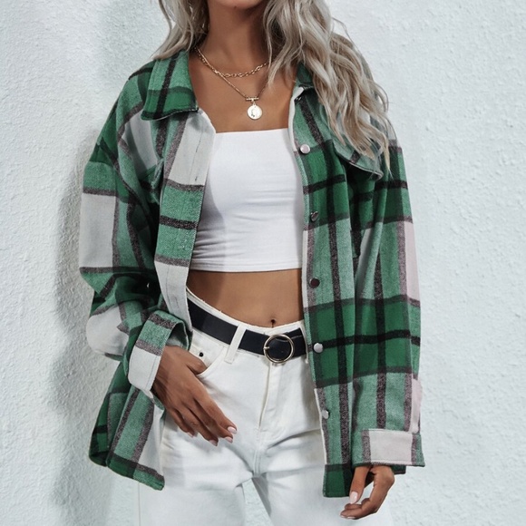 Boyfriend Fit Plaid Jacket oversized button pocket - Picture 8 of 12